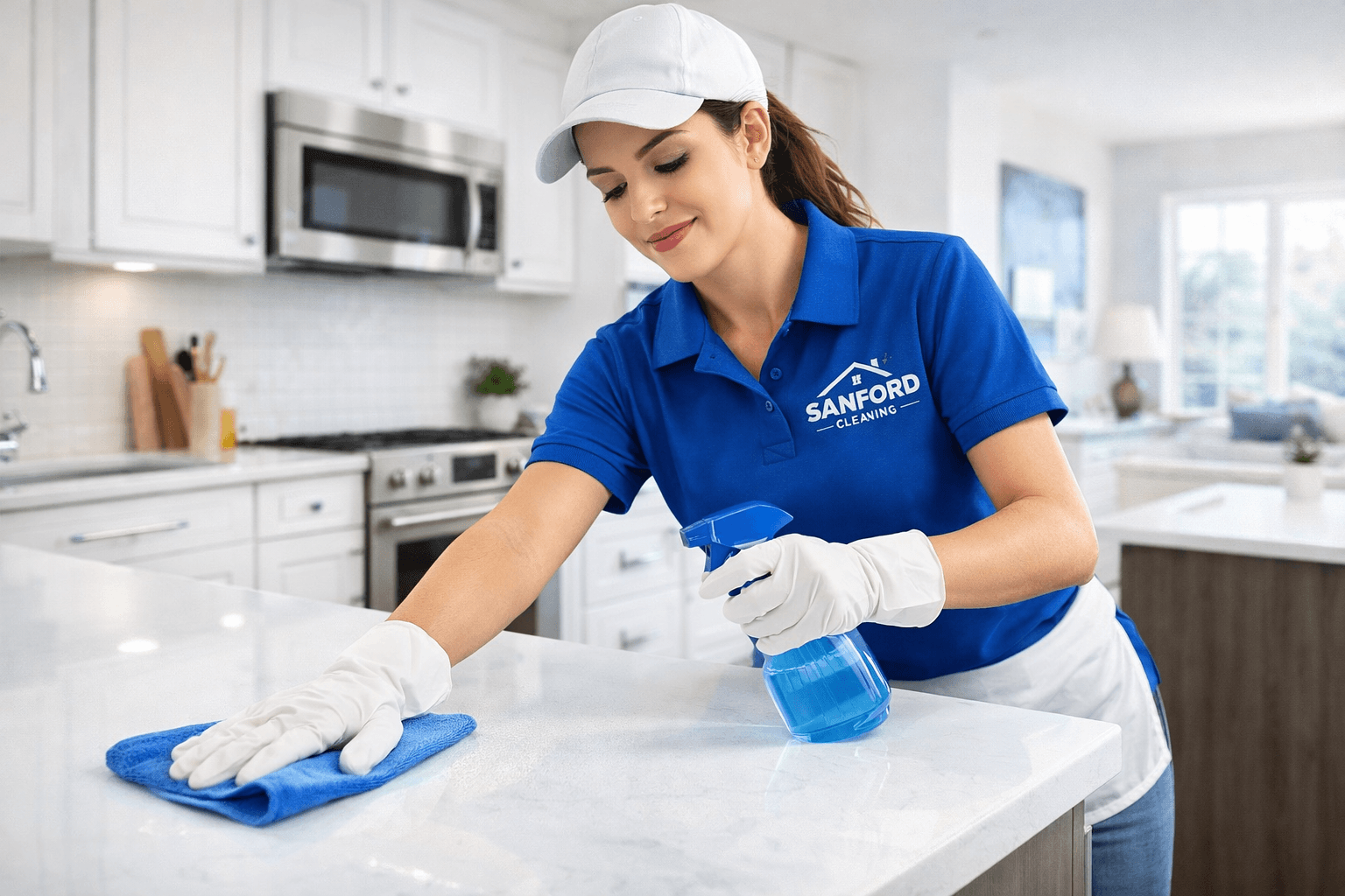 Professional house cleaner wiping dust from shelves