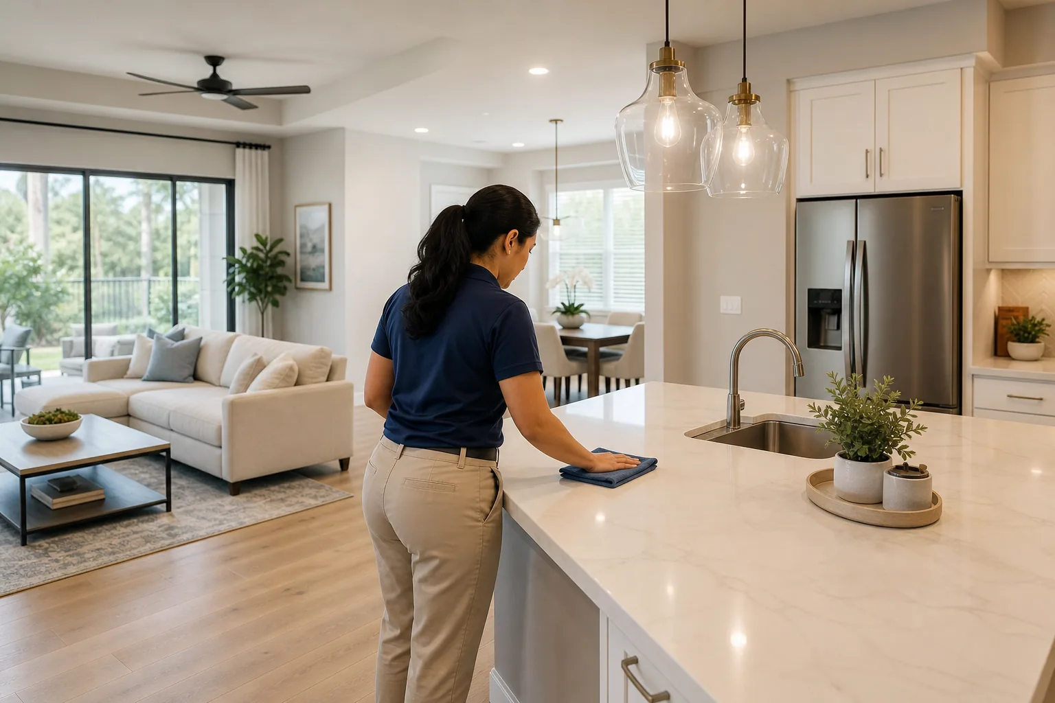 Professional house cleaner wiping a kitchen island in a modern Sanford, FL home during a maintenance clean