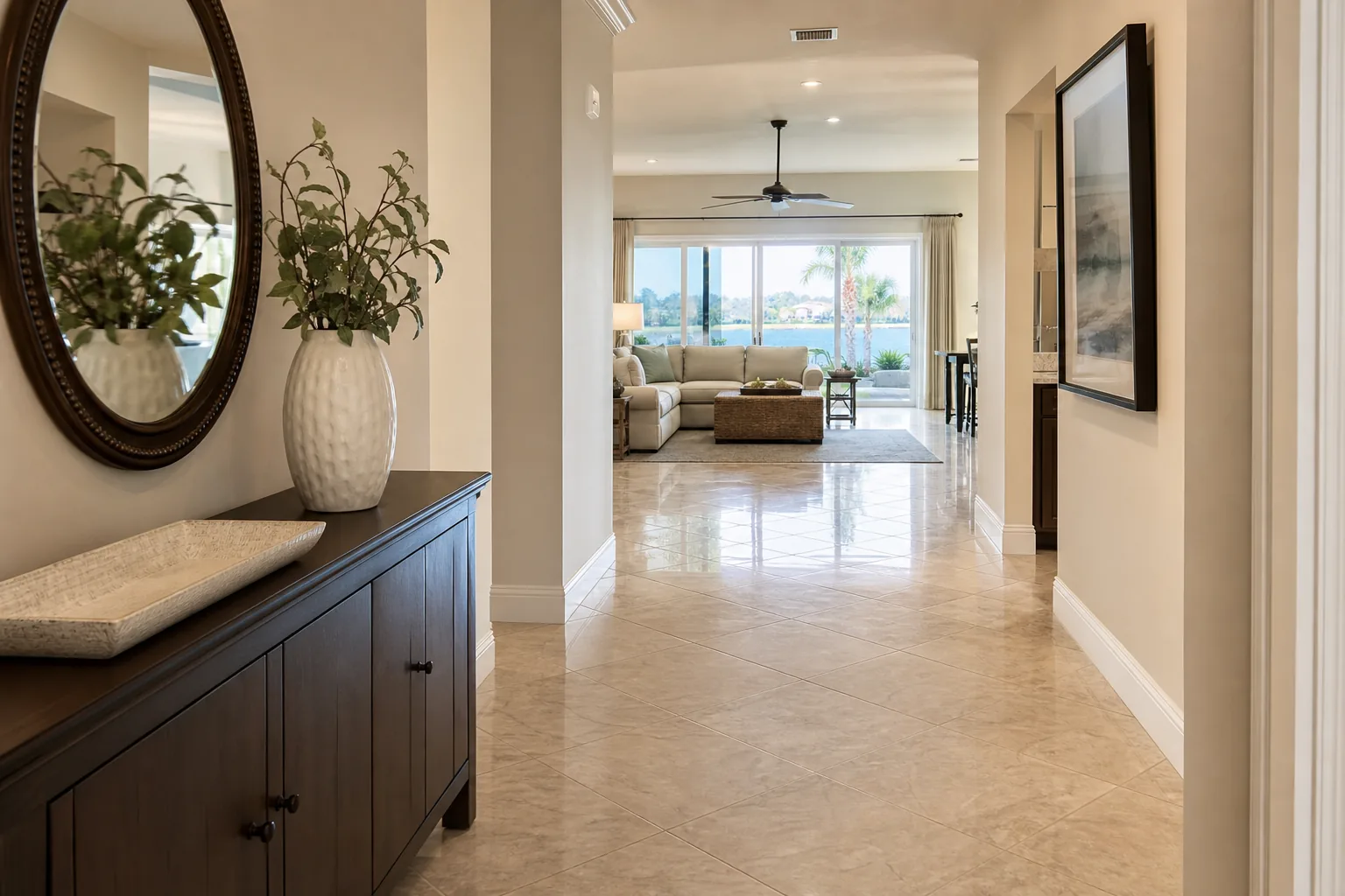 Bright Sanford, FL living room and hallway with mopped floors after a recurring weekly or biweekly house cleaning package
