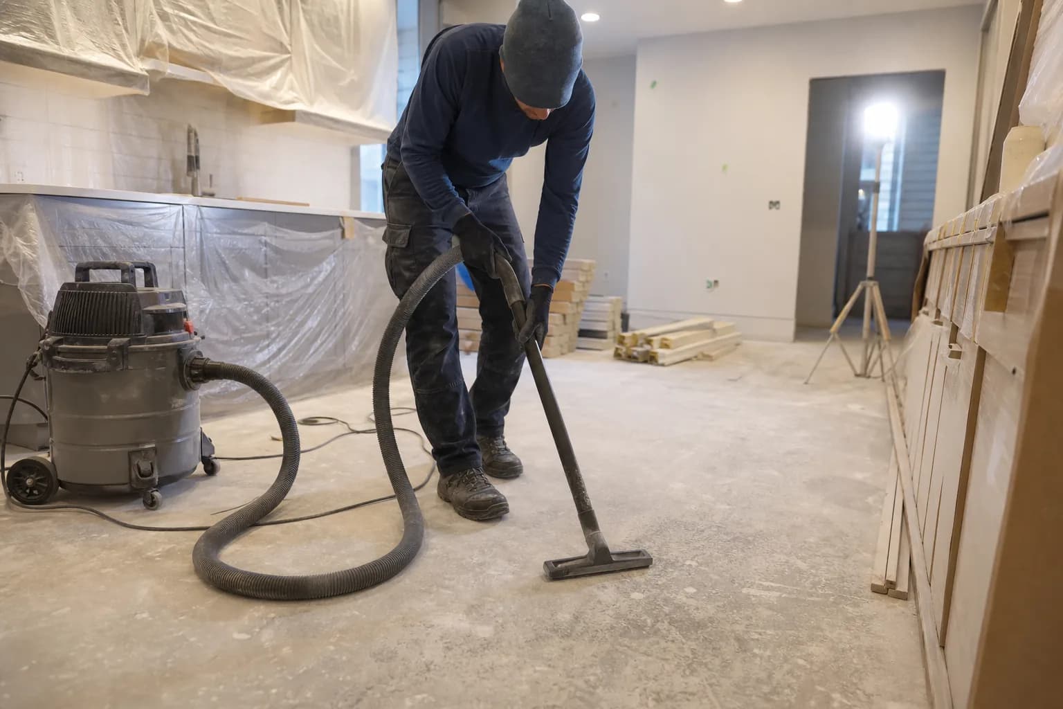Technician vacuuming drywall dust during a rough post-construction clean with cabinets protected by plastic sheeting